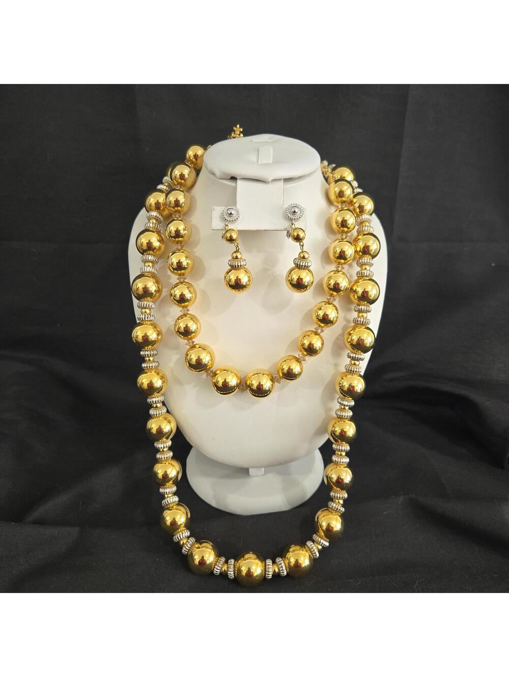 Vintage Vendome Gold Tone Ball Beaded Necklace Earrings Matching 3 Piece Set